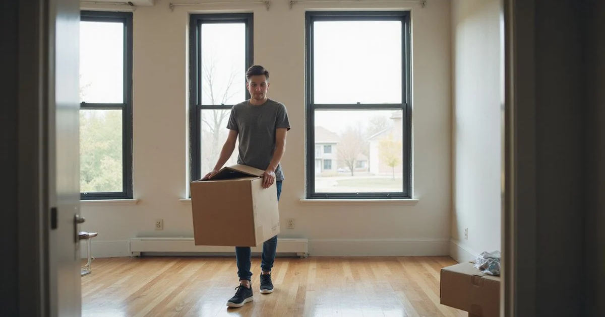 A young renter carrying a first box into an empty Fort Worth apartment