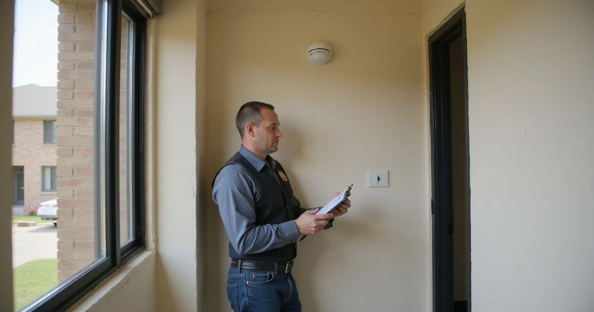 An inspector checking a smoke detector in an empty Fort Worth apartment