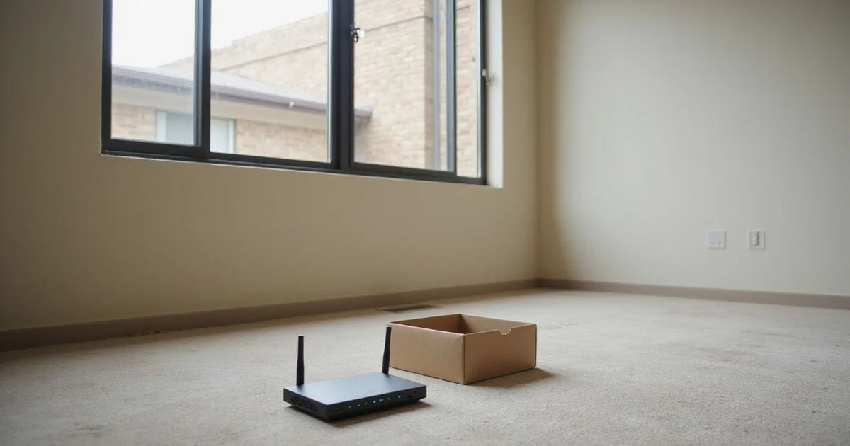 An internet router still boxed on the floor of an empty Fort Worth apartment