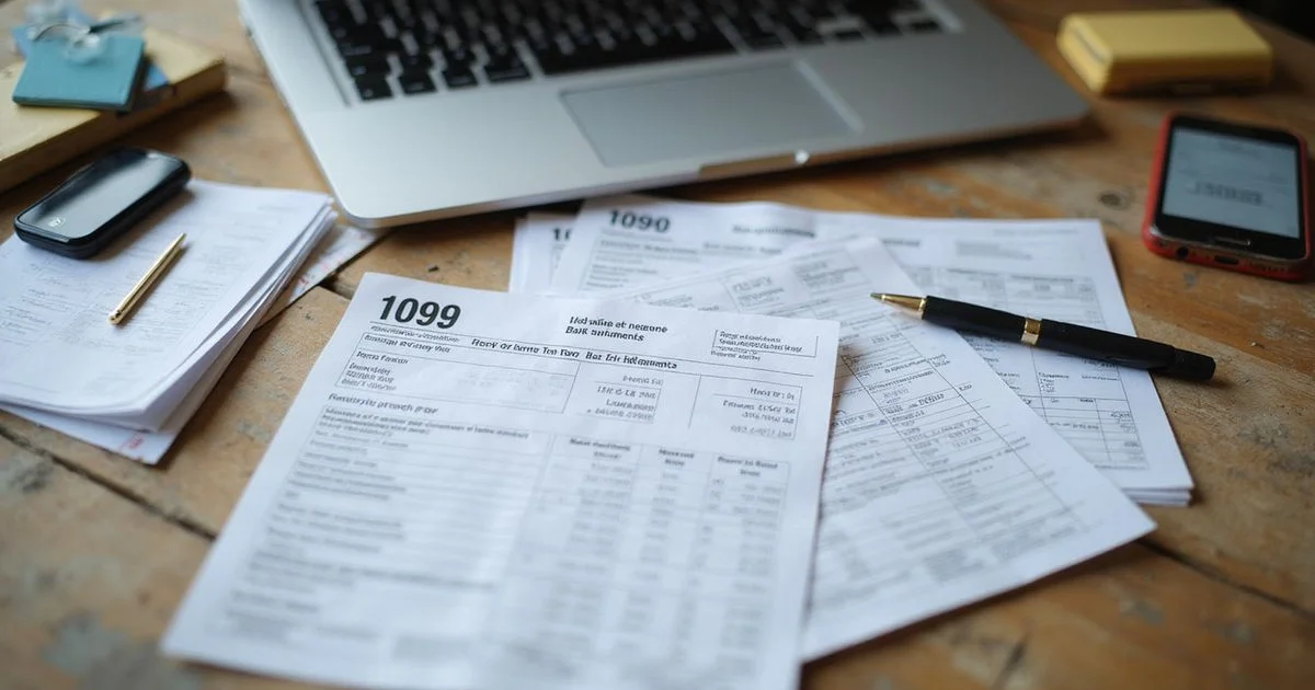 Bank statements, tax returns, and 1099 forms spread across a desk beside a laptop