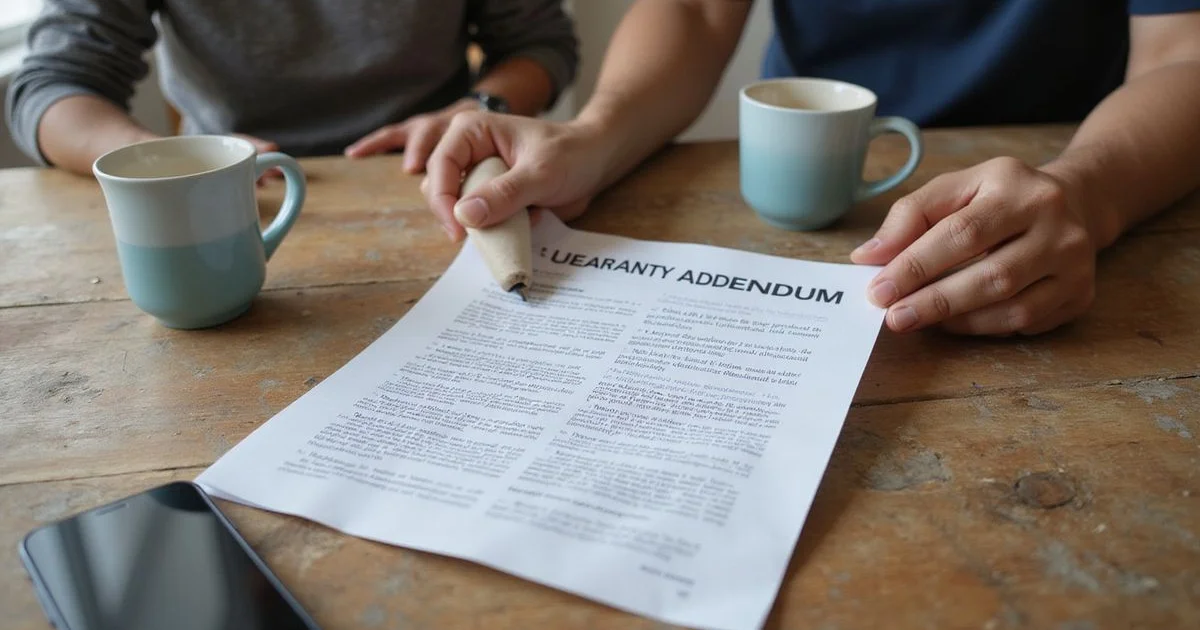 Two people reading a guaranty addendum together at a kitchen table