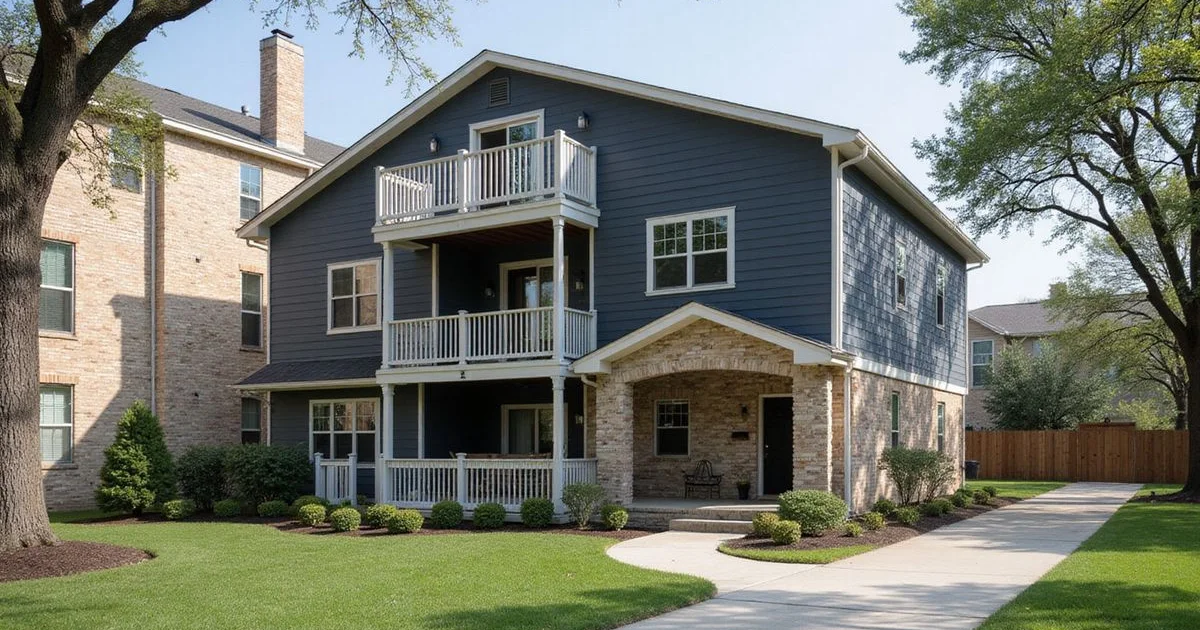 A new apartment building beside an older community with mature trees in Fort Worth