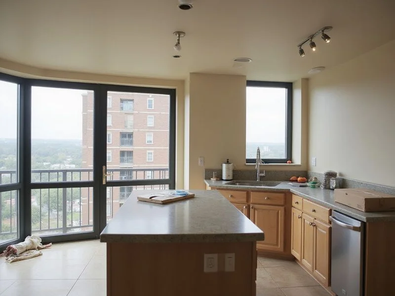 A high-rise apartment kitchen mid move-in
