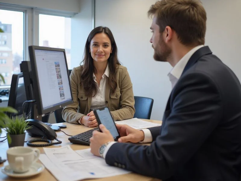 A leasing manager reviewing an application at a computer