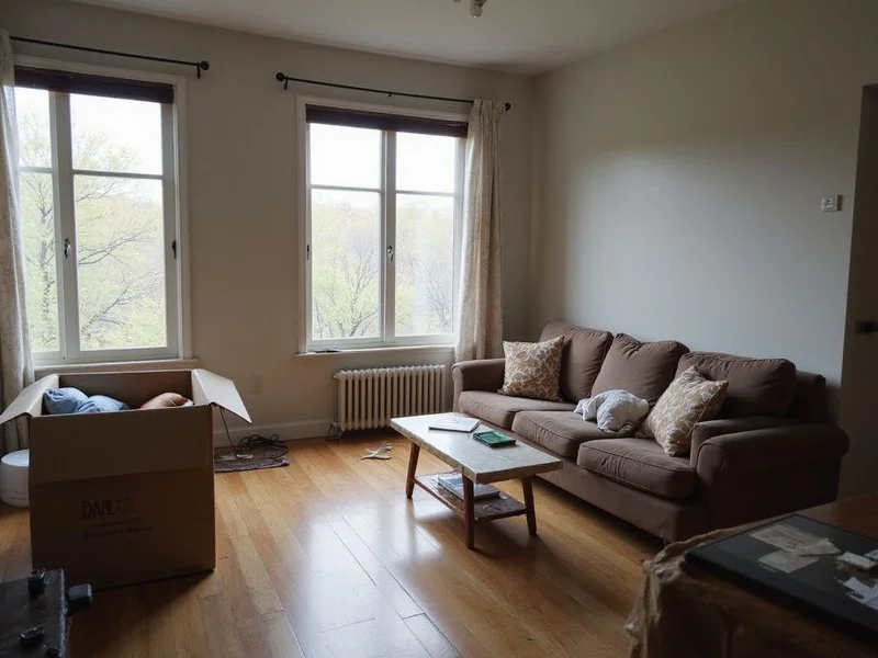 A clean, modest Fort Worth apartment living room mid move-in