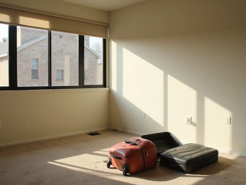A partly unpacked apartment bedroom with a suitcase open on the floor
