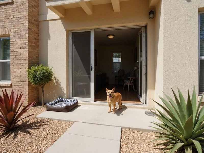 A ground-floor apartment patio door open to a small yard