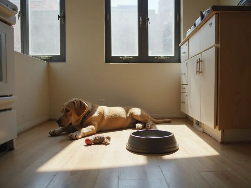 A dog bowl and worn toy on a lived-in apartment kitchen floor