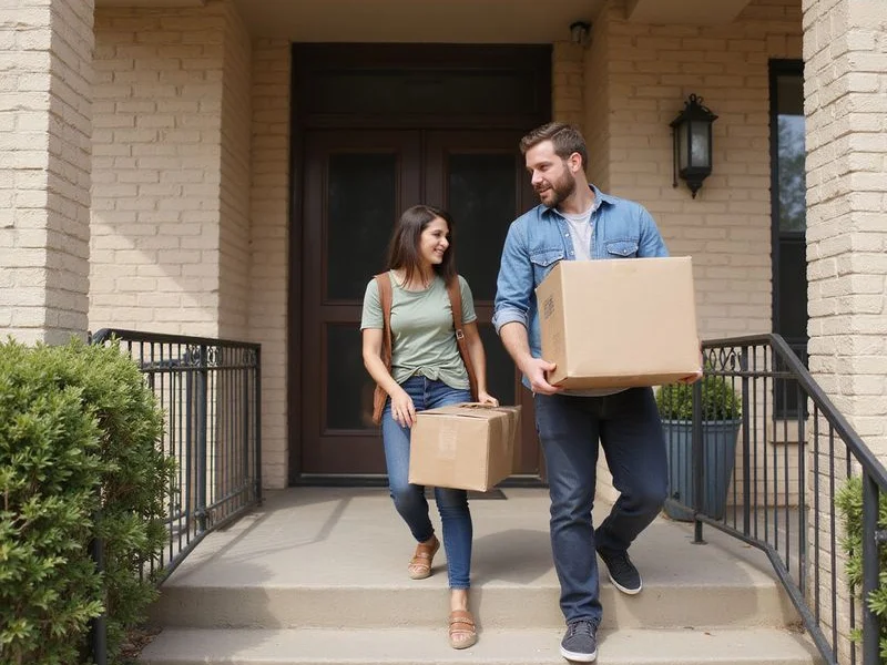 A family carrying boxes up an exterior stair at a Fort Worth apartment building