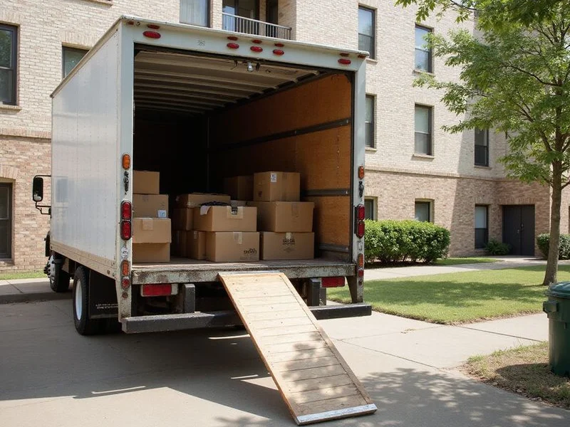 A moving truck partway unloaded outside a Fort Worth apartment building