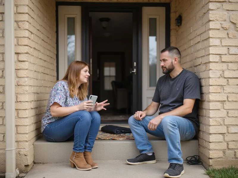 Two people talking on the front step of a Fort Worth apartment building