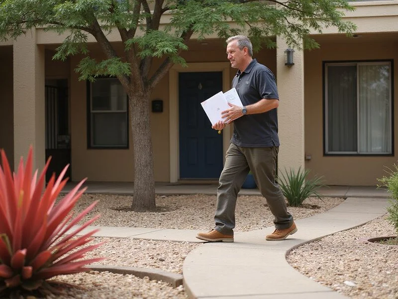 A renter carrying paperwork across a Fort Worth apartment courtyard