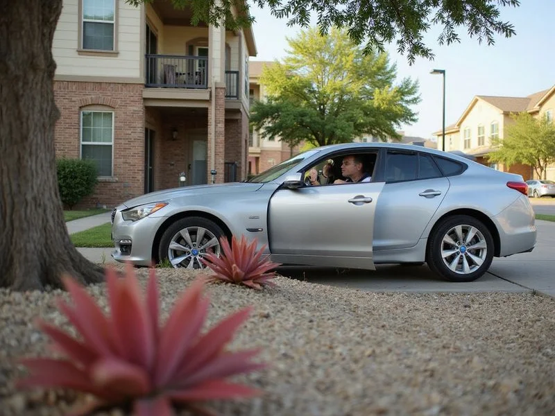 A rideshare driver checking earnings outside a Fort Worth apartment community