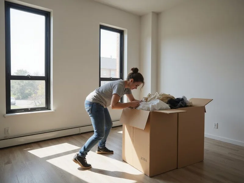 A renter moving the first box into an empty Fort Worth apartment