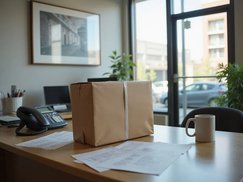 An apartment lobby desk with a package left on the counter