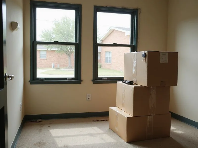 Moving boxes stacked in an empty apartment entry with keys on top