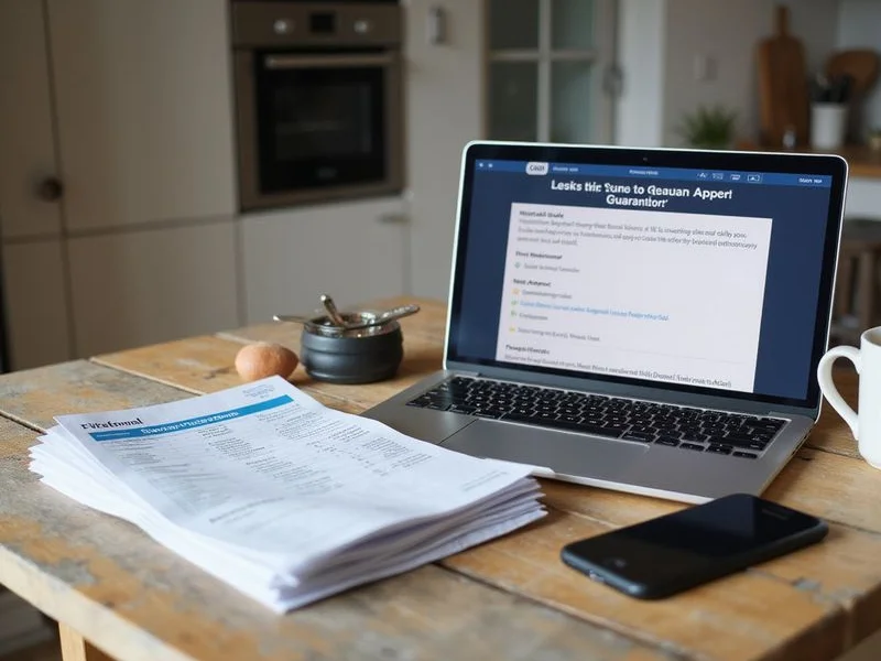 A guarantor service application open on a laptop beside printed bank statements