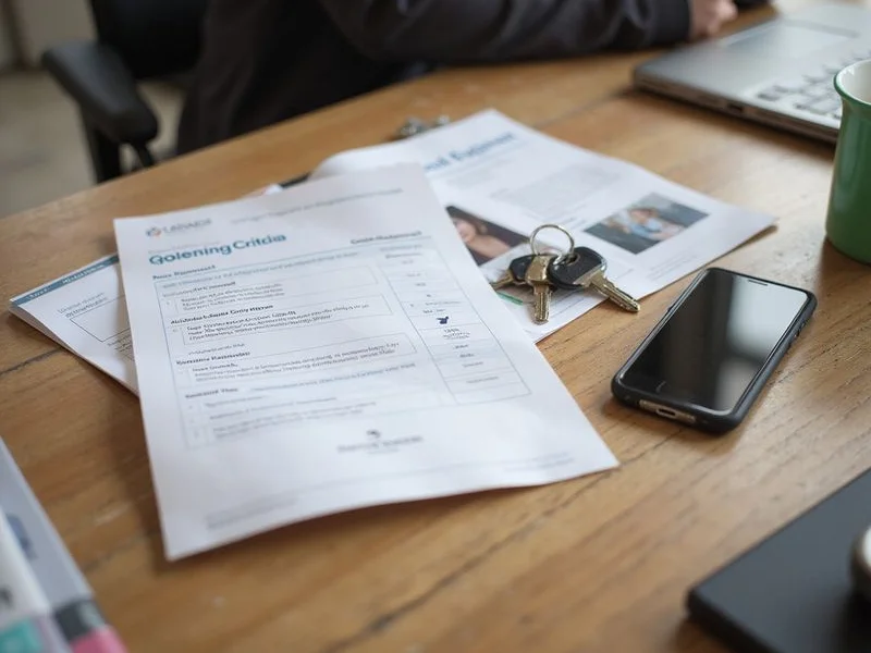 A leasing office desk with a printed screening criteria sheet