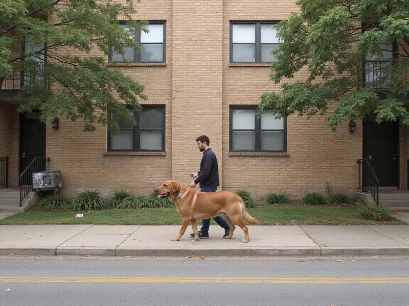 Someone walking a large dog past a buff brick apartment facade