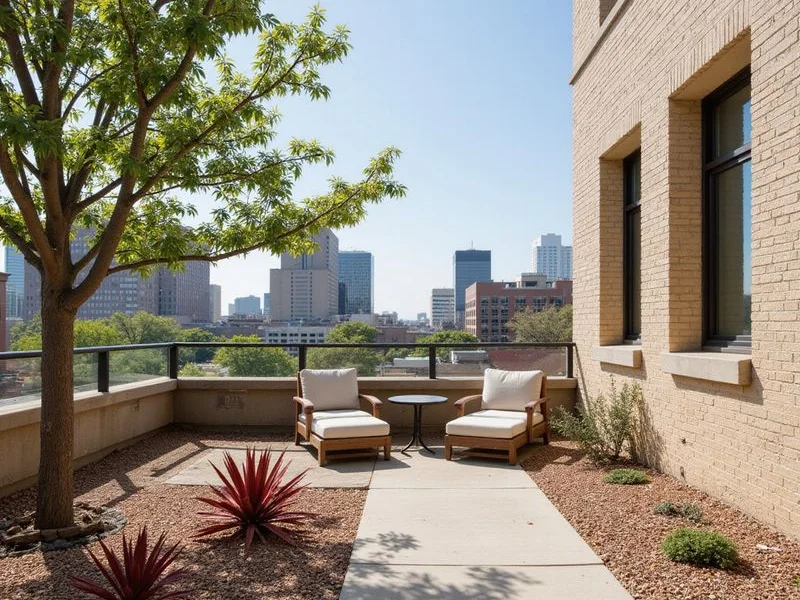 A rooftop terrace at a Fort Worth high-rise overlooking downtown