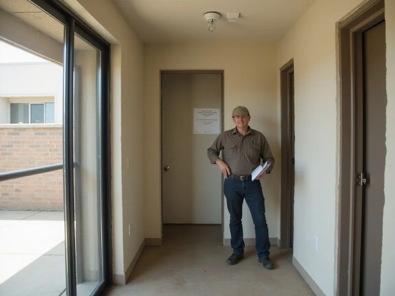 An inspector checking a smoke detector in an empty apartment