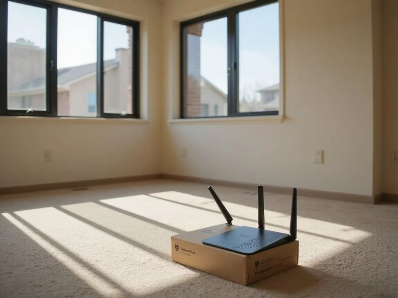 An internet router still boxed on an empty apartment floor