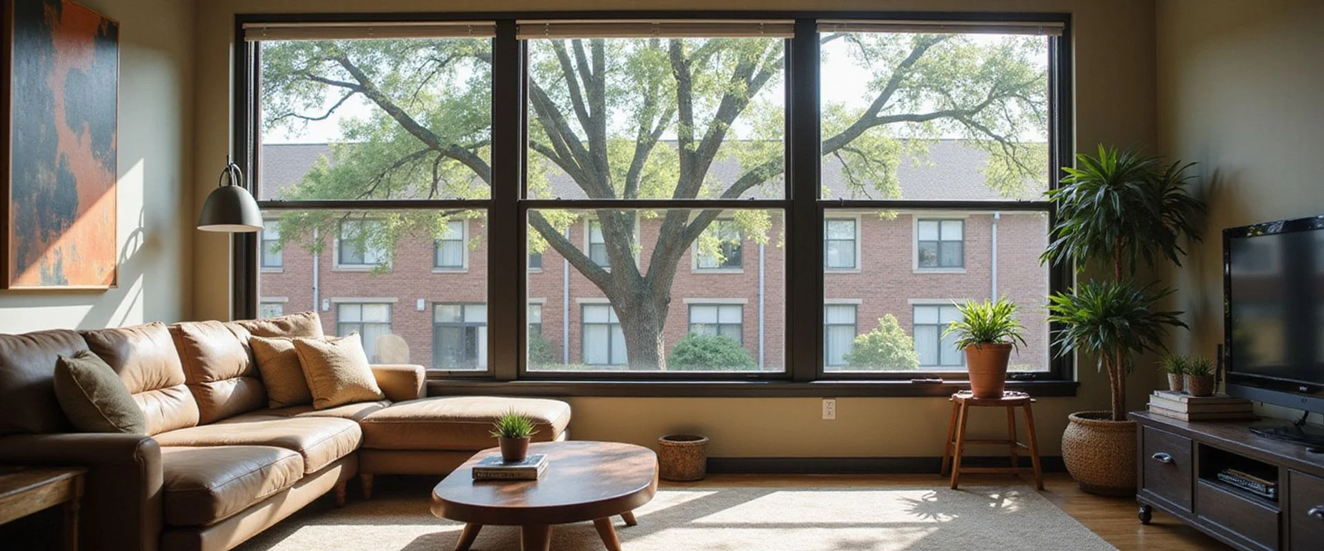 A bright apartment interior with large dark-framed windows in North Texas daylight