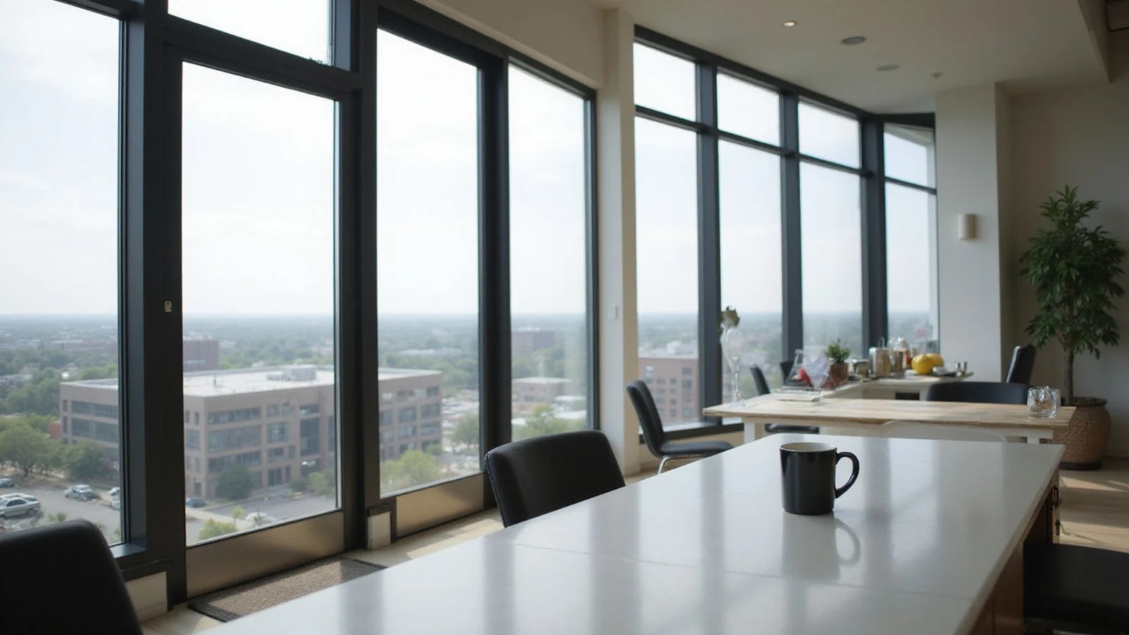 A bright Fort Worth high-rise apartment interior with floor-to-ceiling windows