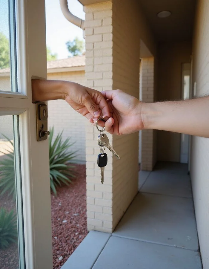 A key handoff at the door of a Fort Worth apartment