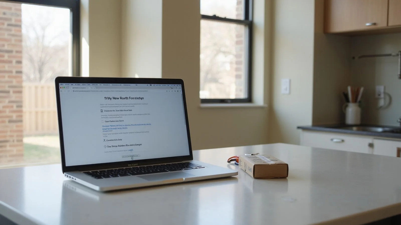 A laptop open to a utility setup page on a new apartment kitchen counter