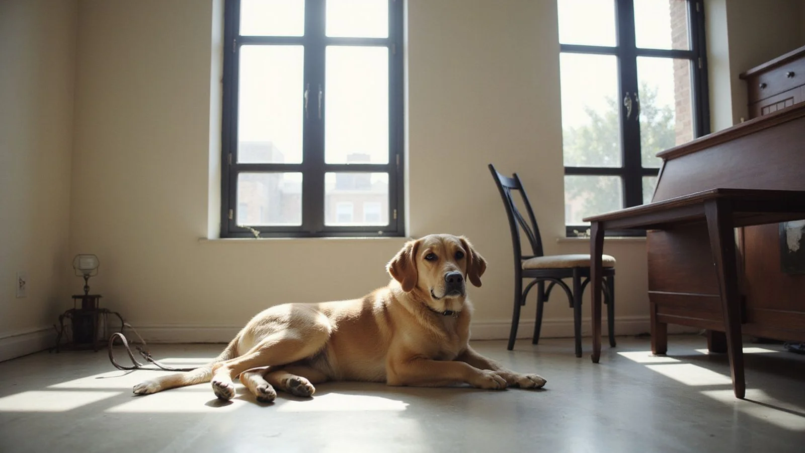 A large dog lying on the floor of a bright Fort Worth apartment living room