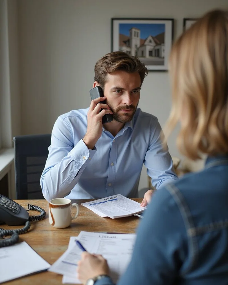 A locator on the phone with a leasing office, taking notes on a printed criteria sheet