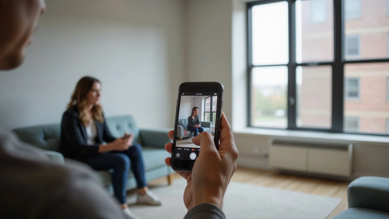 A virtual apartment tour being recorded in an empty Fort Worth apartment