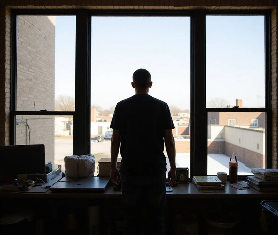 A renter standing in a bright Fort Worth apartment with large dark-framed windows
