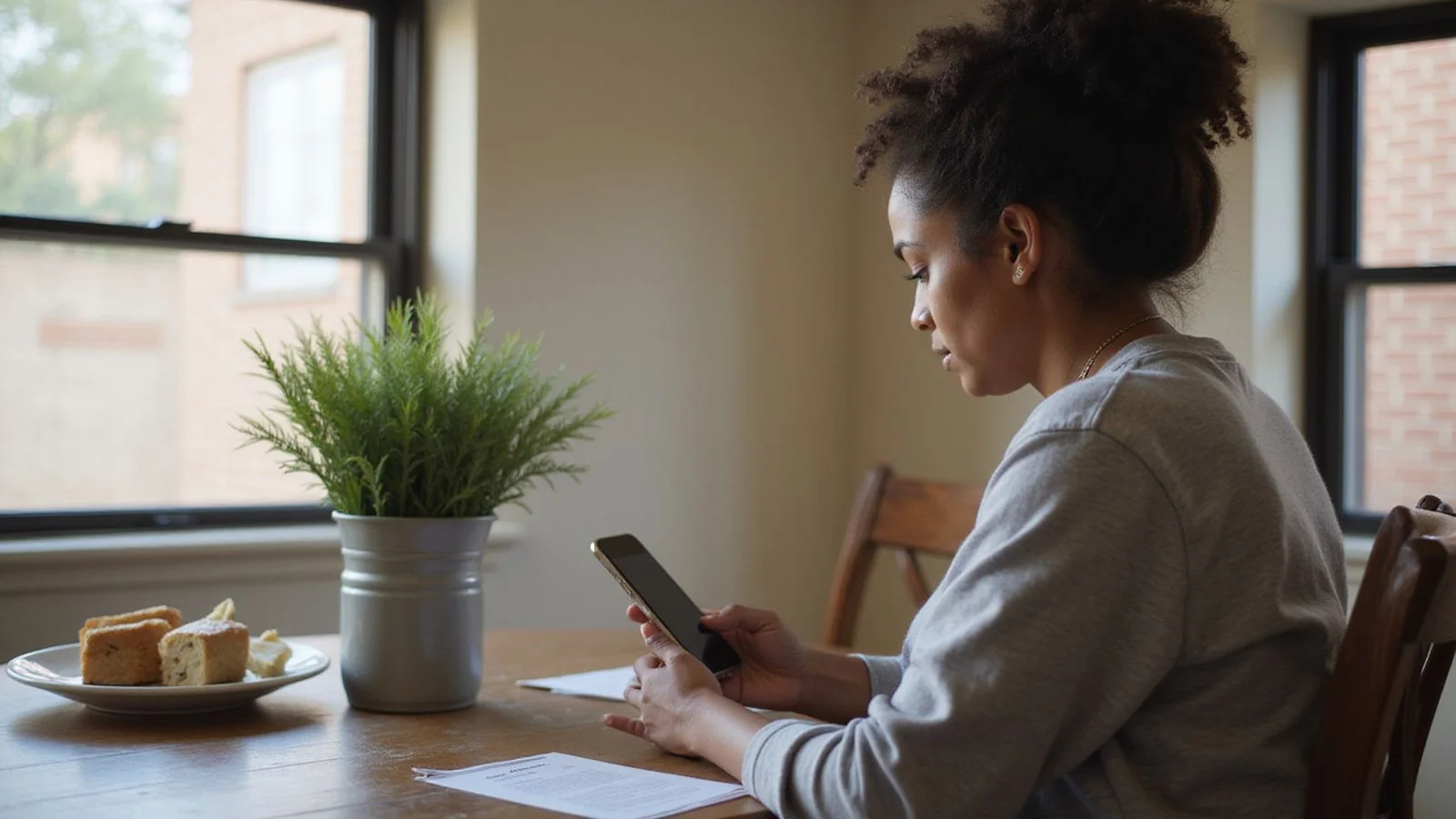 A renter reviewing a housing voucher packet at a kitchen table
