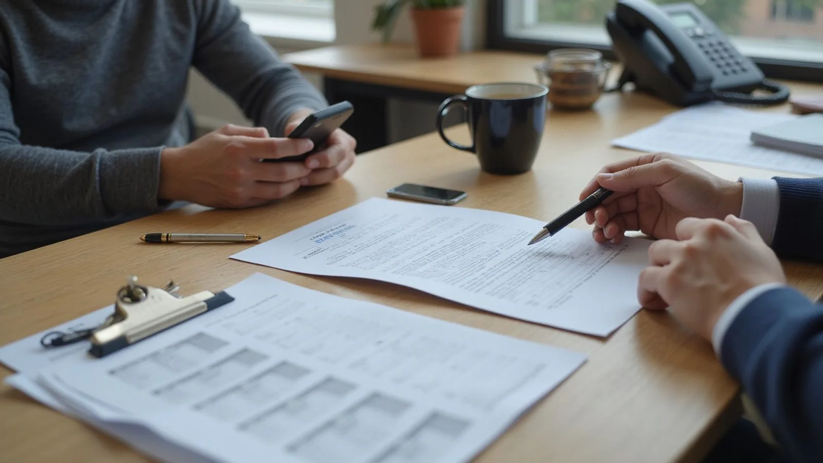 A renter reviewing a deposit agreement at a Fort Worth leasing office counter