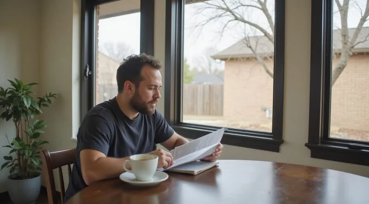 A renter reading a printed guide at a kitchen table