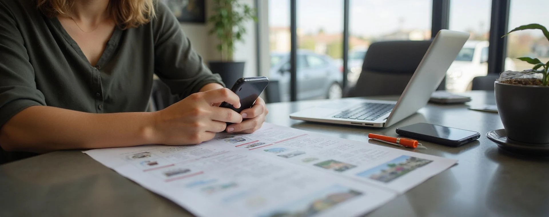 A renter going through apartment paperwork at a leasing office counter