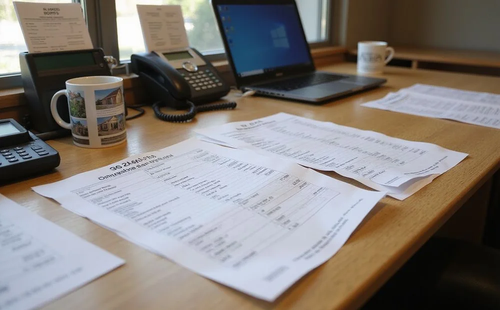 A shared desk covered with printed property criteria sheets, a laptop, and a phone