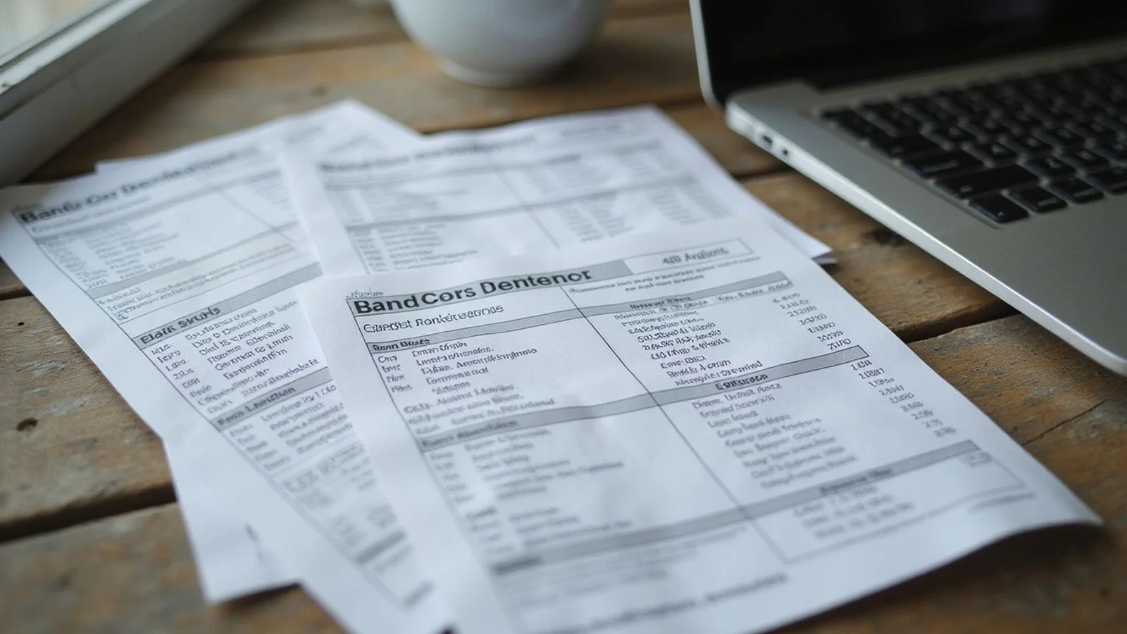 Printed bank statements and 1099 forms spread across a desk beside a laptop