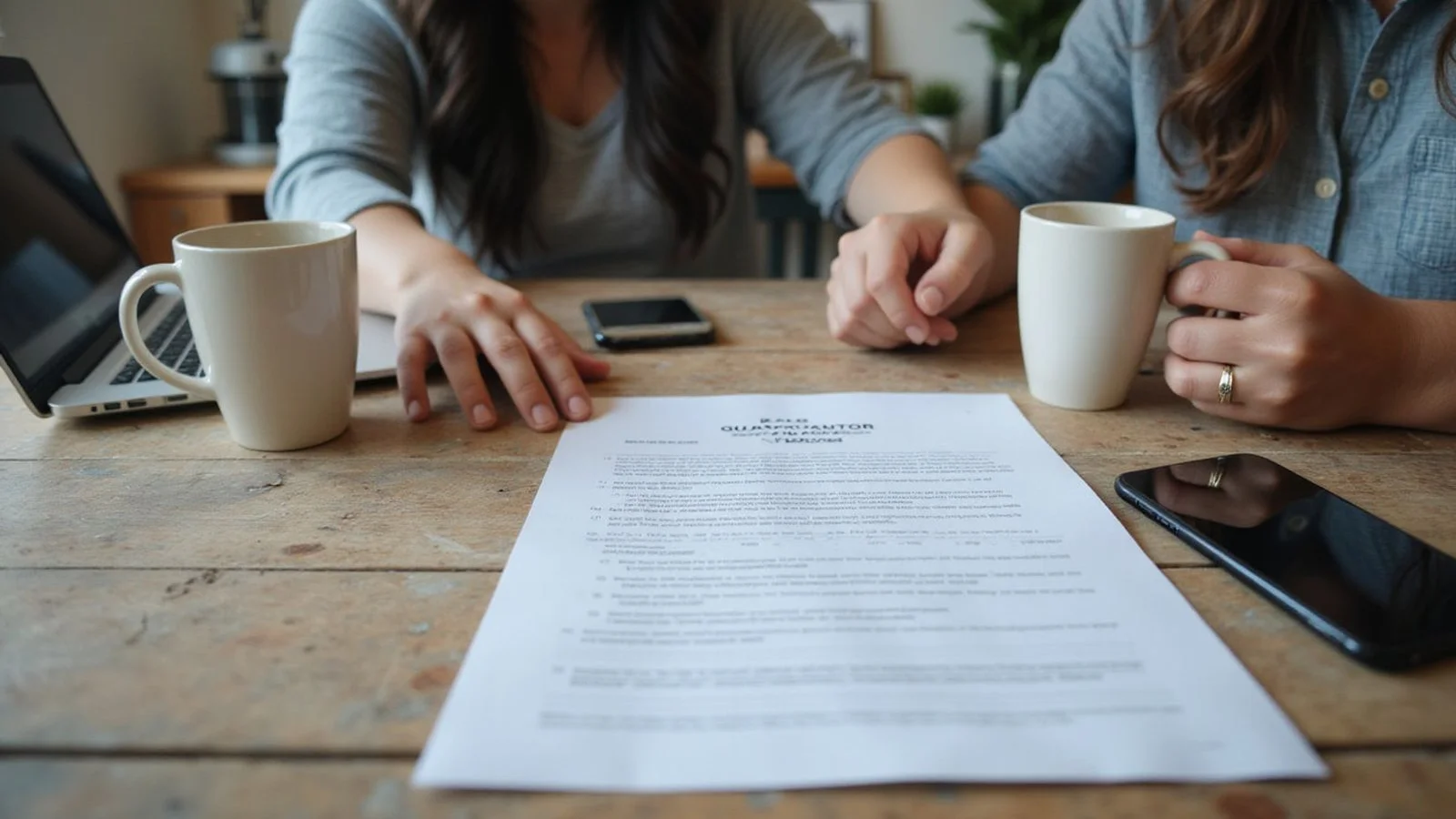 Two people at a kitchen table going over a lease guarantor form together