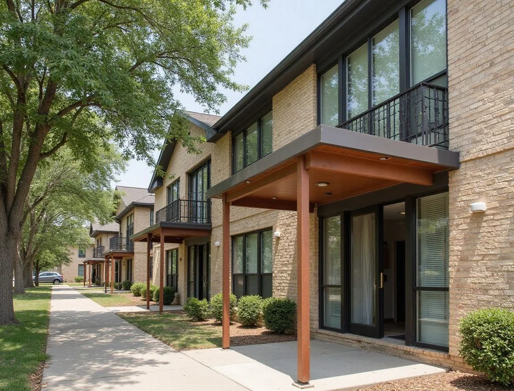 A Fort Worth apartment community exterior with buff brick facades and young live oaks