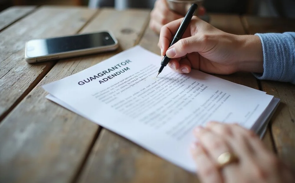 A guarantor addendum being signed at a desk