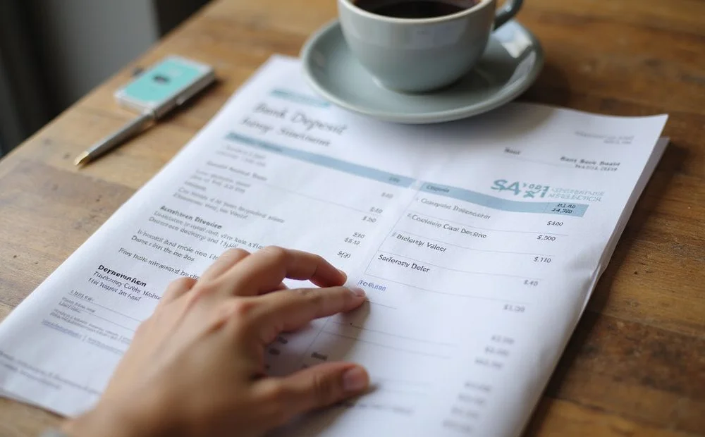 A hand highlighting deposit lines on a printed bank statement