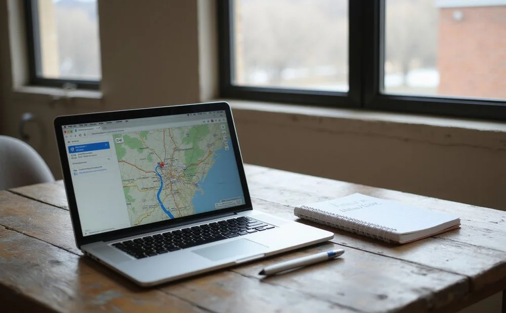 A commute map open on a laptop beside a notebook of move dates