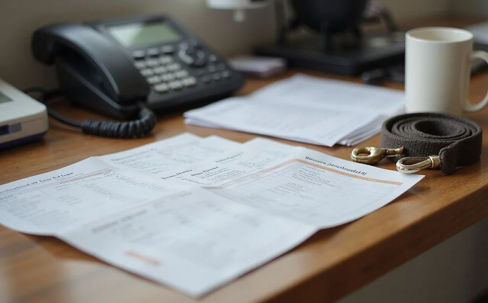 A pet addendum and vaccination records on a leasing office counter