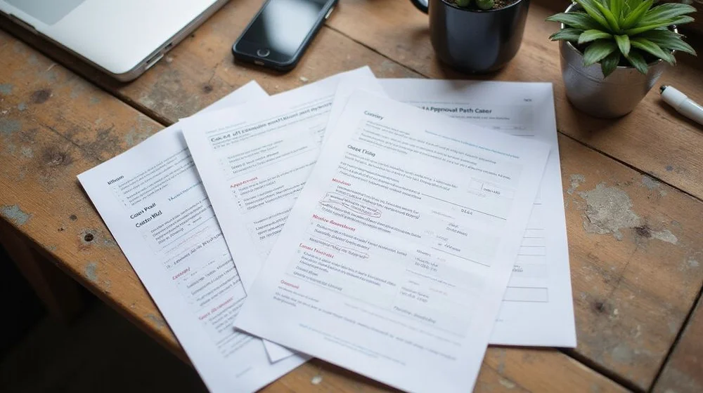 Five approval path summaries laid out on a desk with costs circled