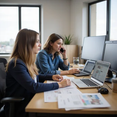 The Fort Worth Apartment Locators Group team at a shared desk, on the phone with a leasing office